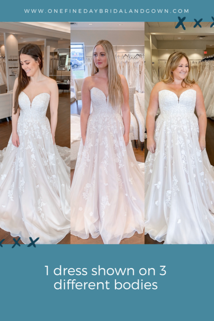 Essense of Australia D2698 shown on 3 different bodies at One Fine Day Bridal and Gown Boutique in Fort Wayne, Indiana