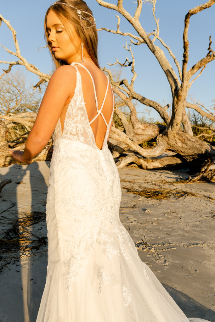 close up of beaded lace fitted wedding dress back on driftwood beach