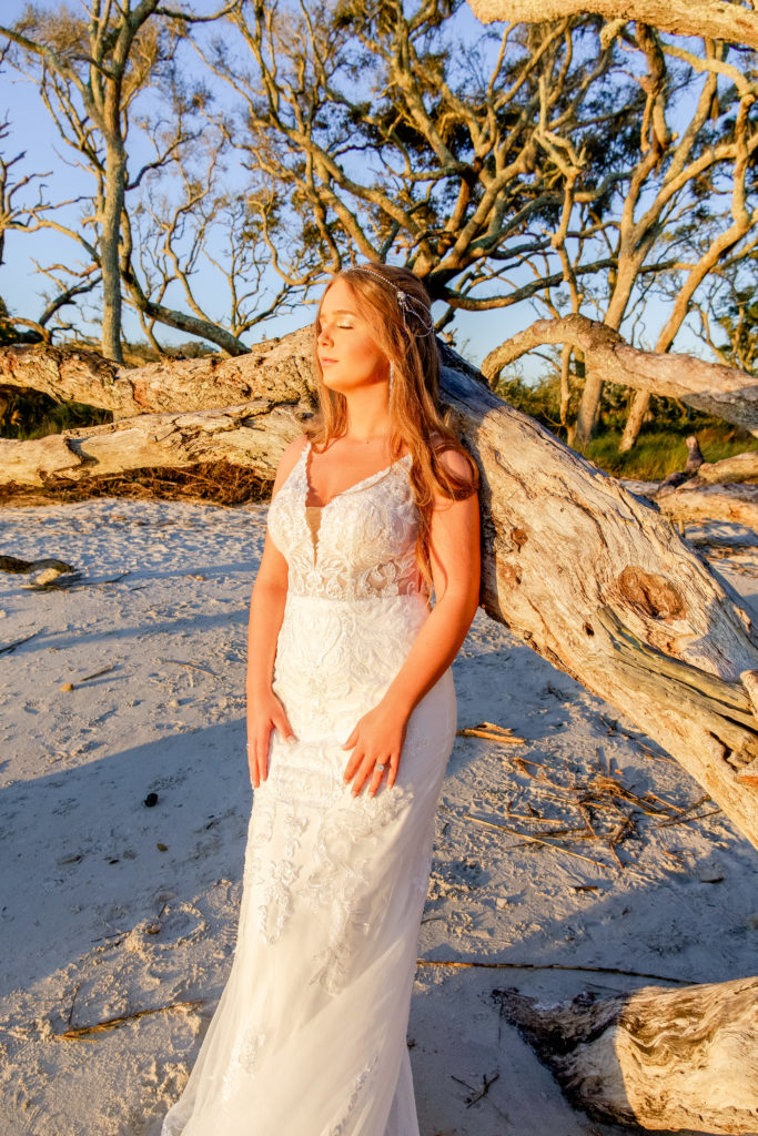beaded fitted wedding dress on driftwood beach