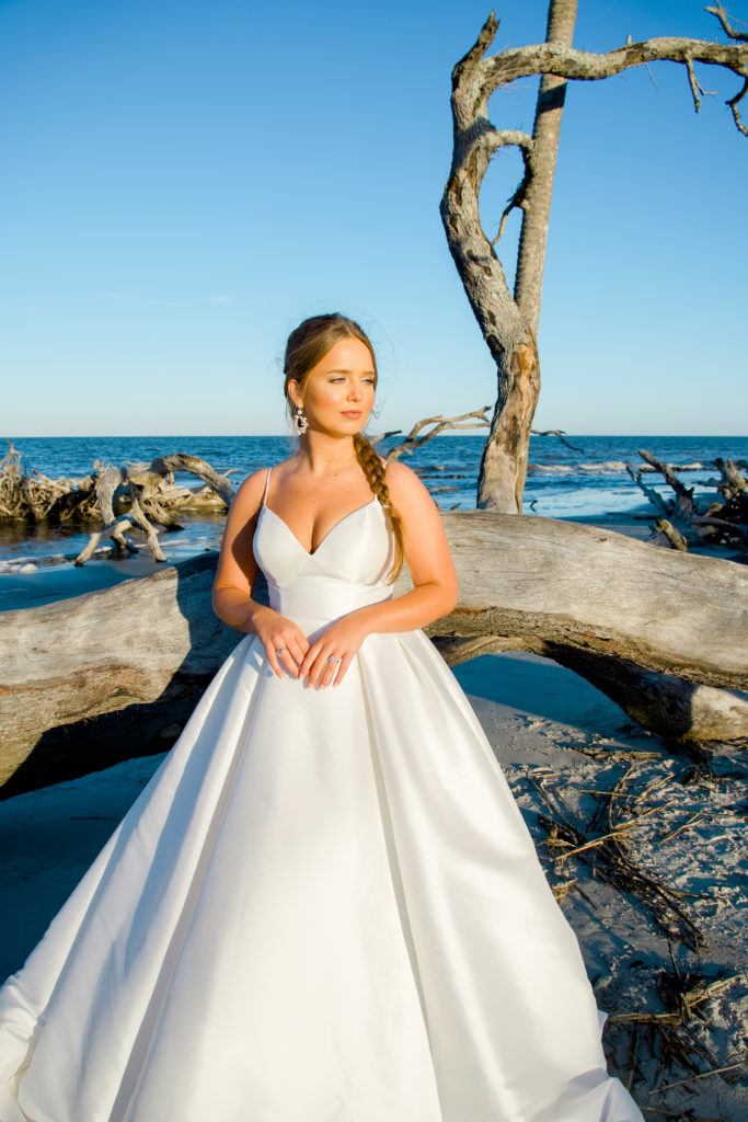 Classic ballgown wedding dress on driftwood beach