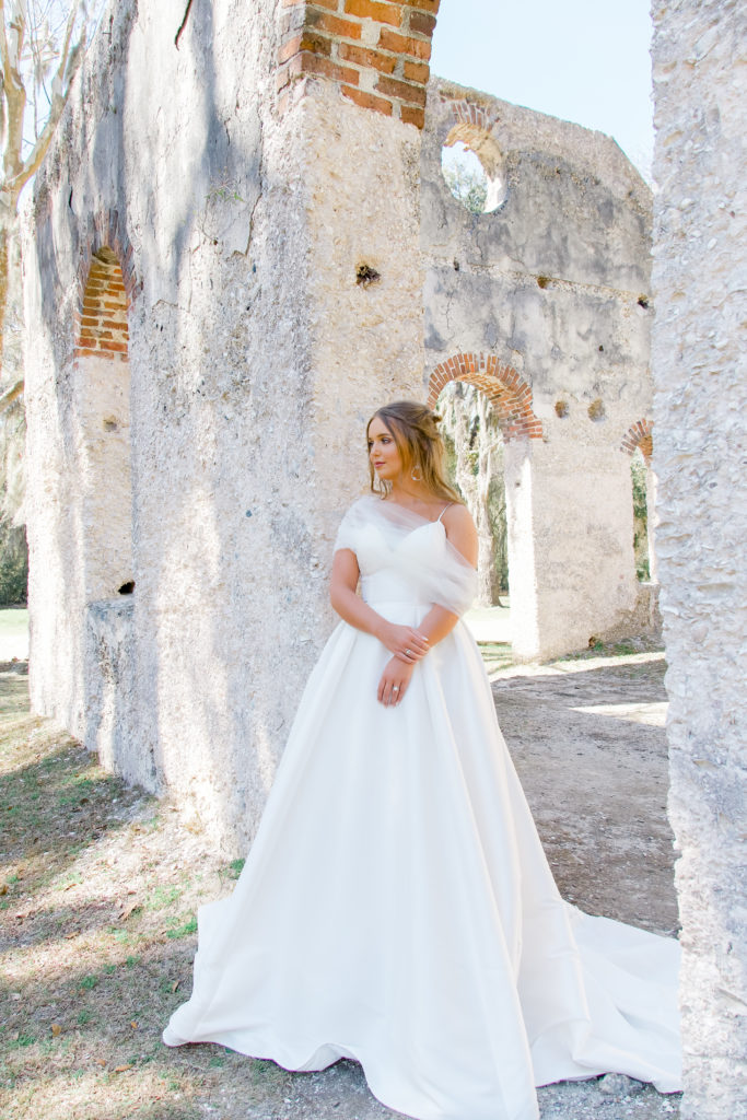 classic ballgown wedding dress with tulle shawl