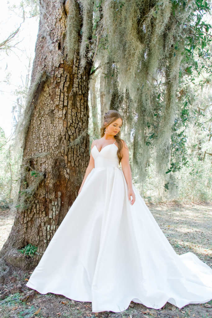 classic wedding dress with spanish moss in the background