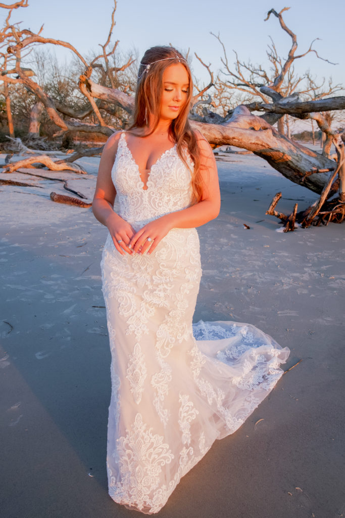 lace fitted wedding dress on driftwood beach