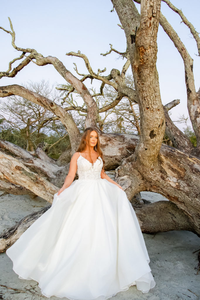 lace and organza ballgown wedding dress at driftwood beach